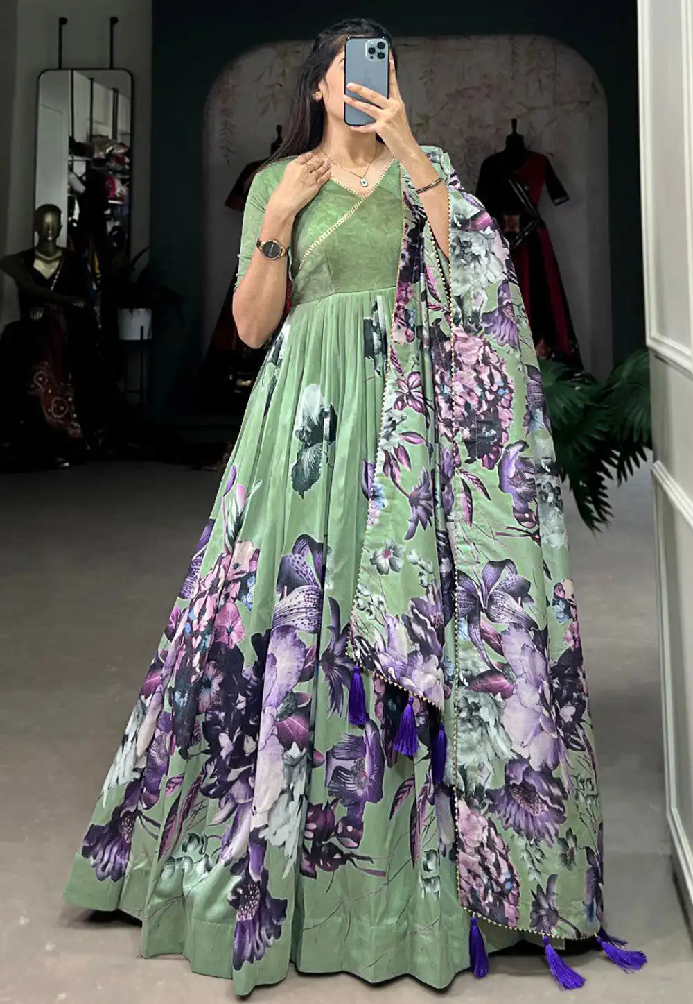 Pista Green Tussar Silk Readymade Anarkali Suit 293283