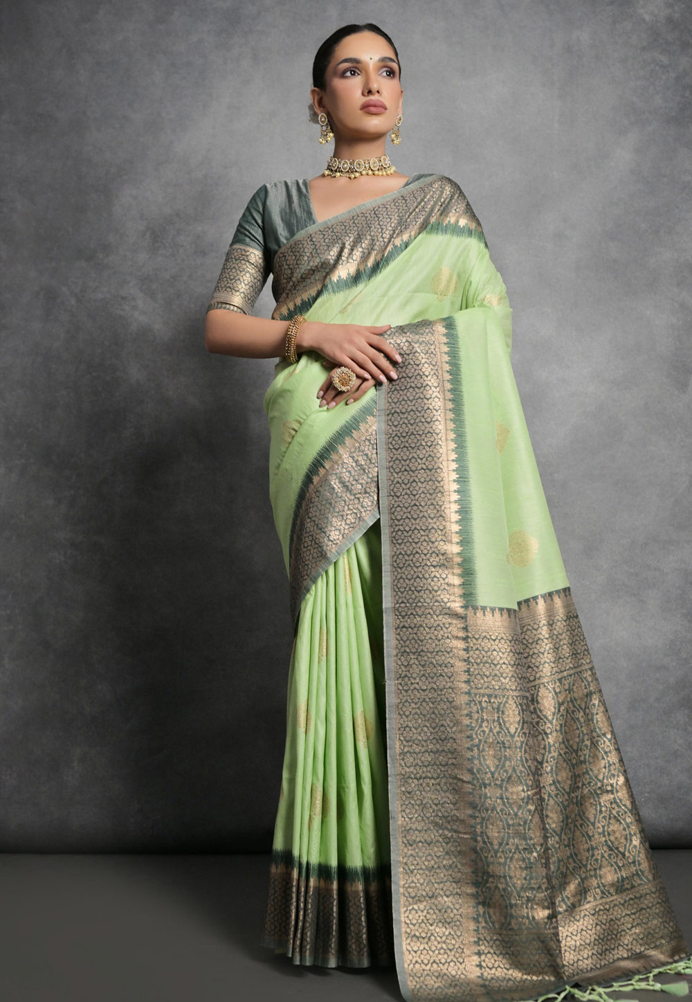 Pista Green Tussar Silk Saree With Blouse 281778