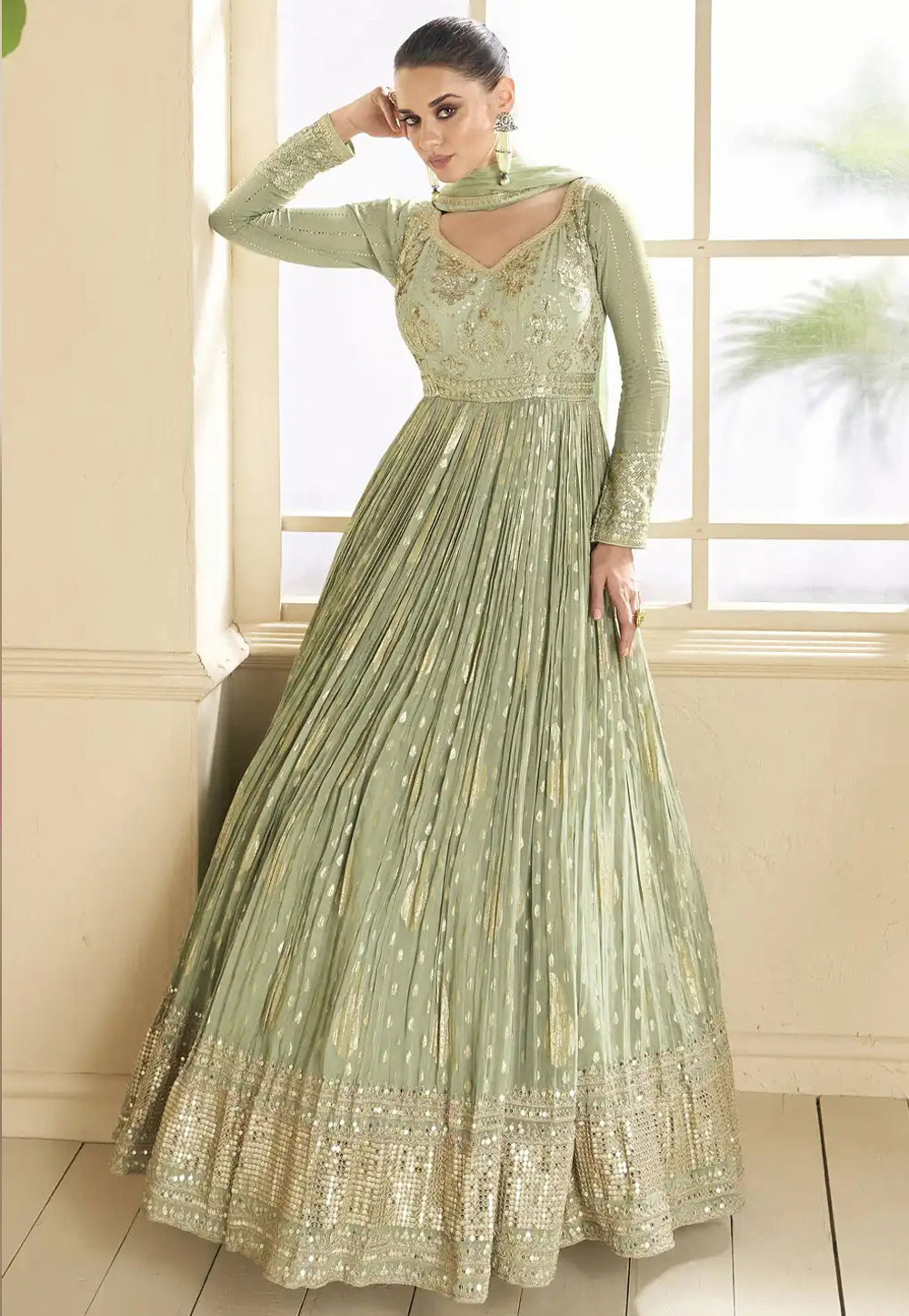 Pista Green Viscose Jacquard Anarkali Suit 288775