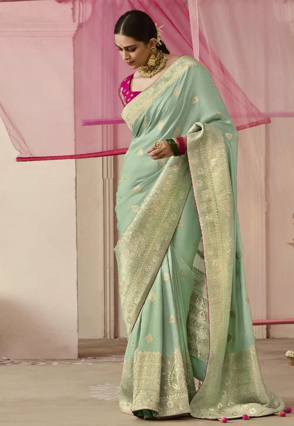 Pista Green Viscose Saree With Blouse 293265