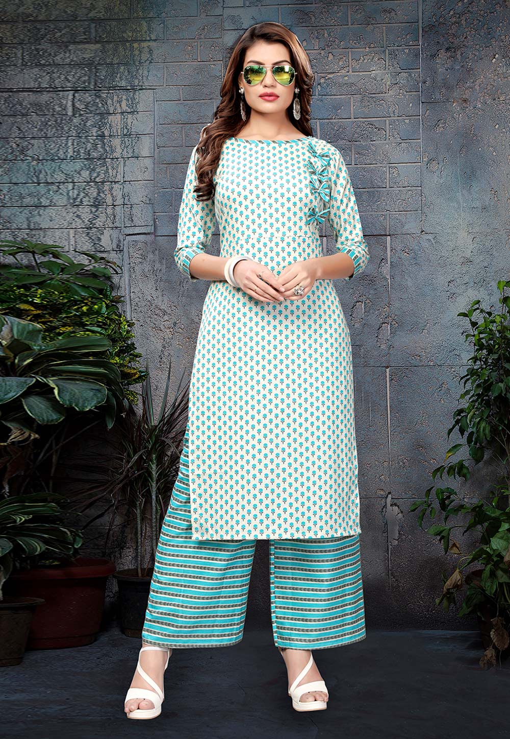 Light Blue Cotton Cambric Readymade Palazzo Suit 183520