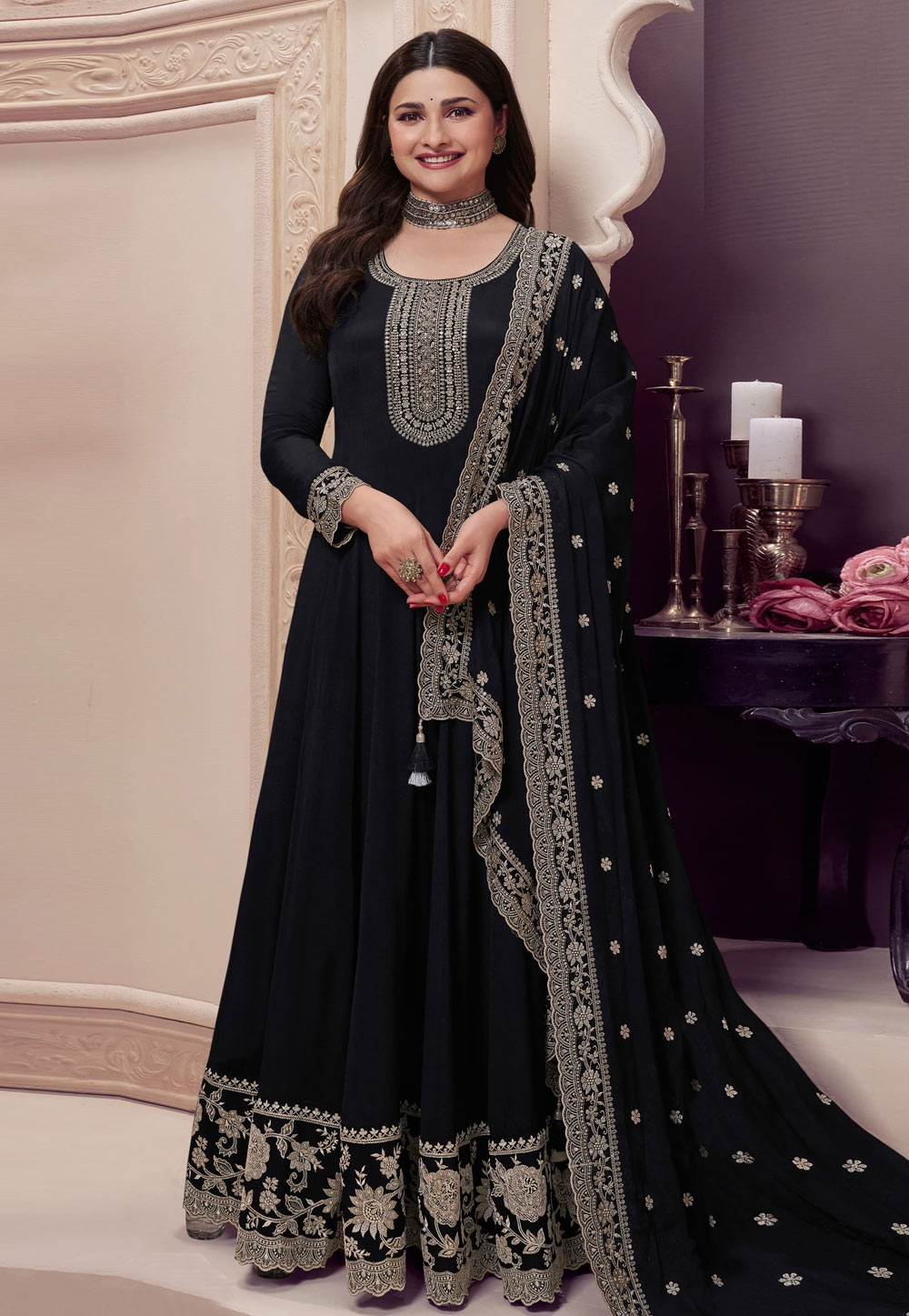 Prachi Desai Black Chinon Anarkali Suit 309726