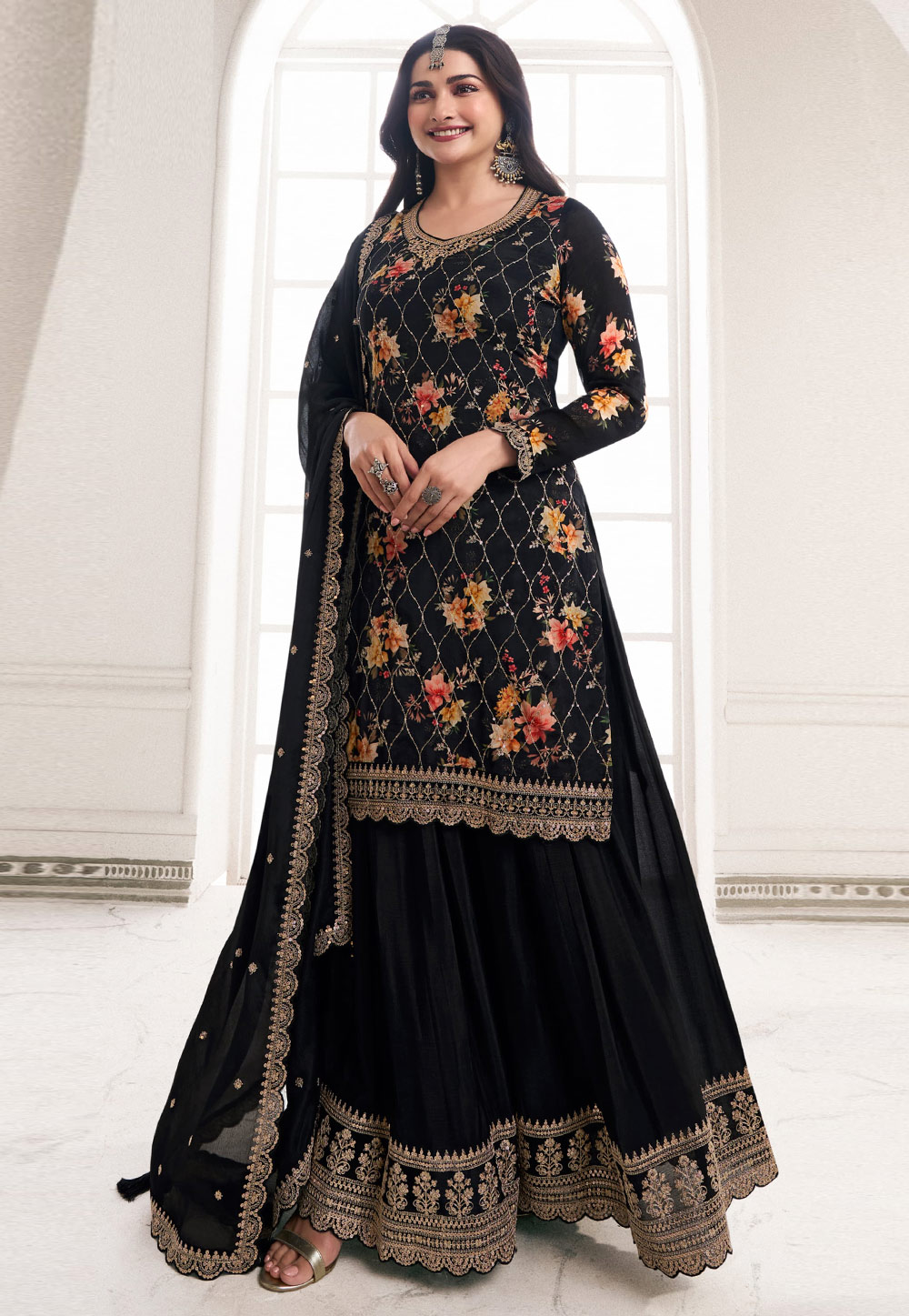 Prachi Desai Black Chinon Gharara Suit 286166