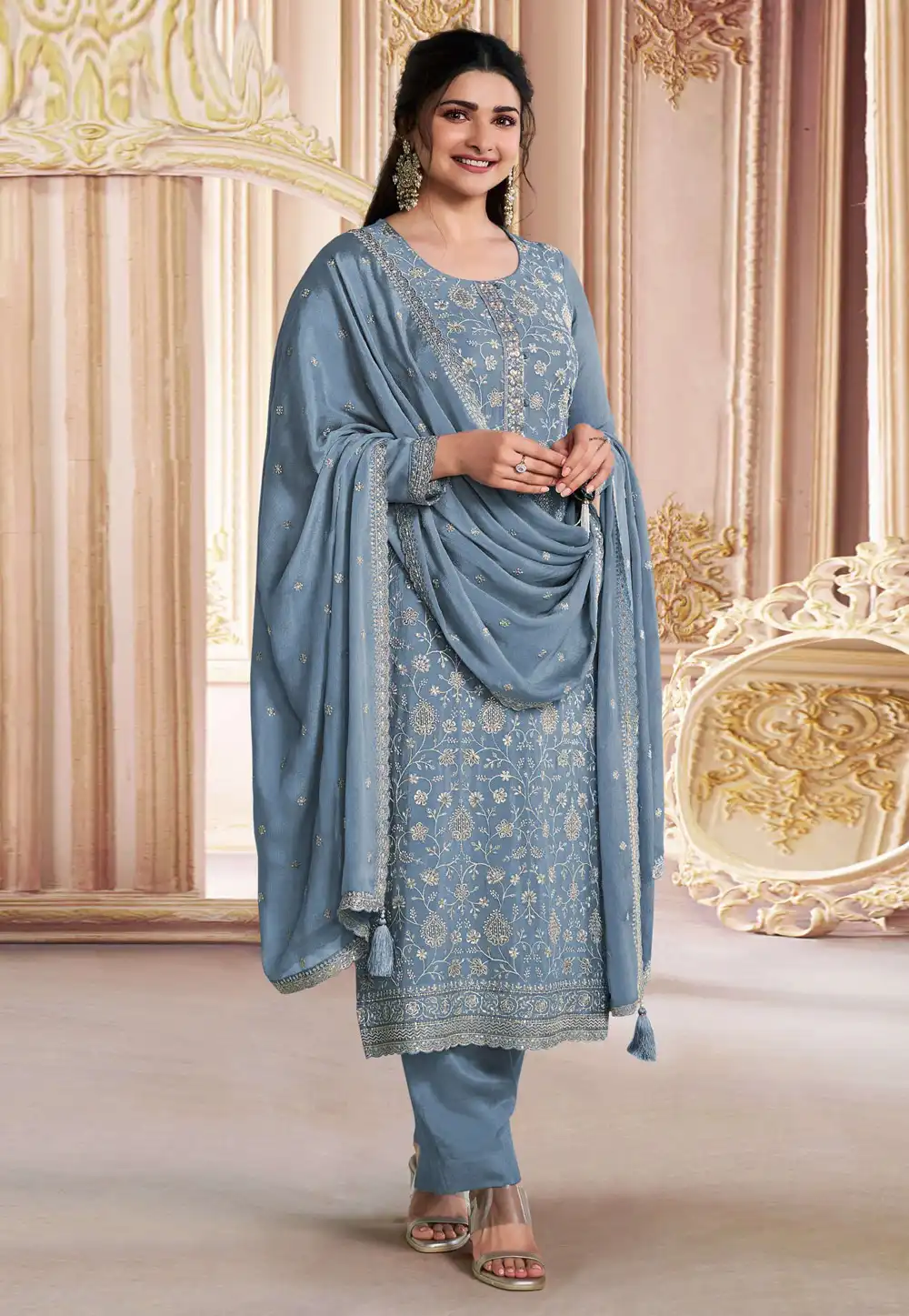 Prachi Desai Blue Chinon Embroidered Straight Suit 288631
