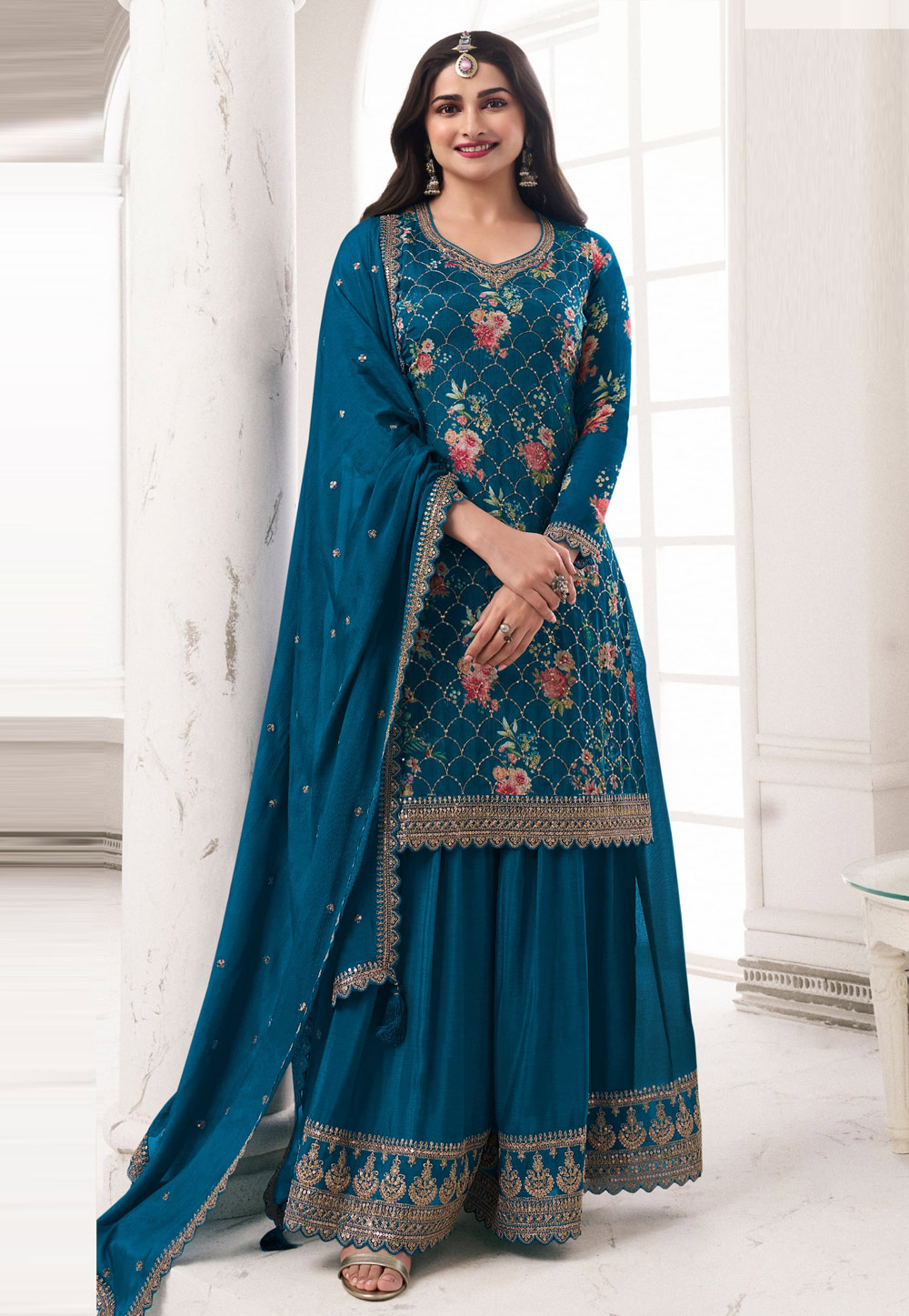 Prachi Desai Blue Chinon Sharara Suit 286161