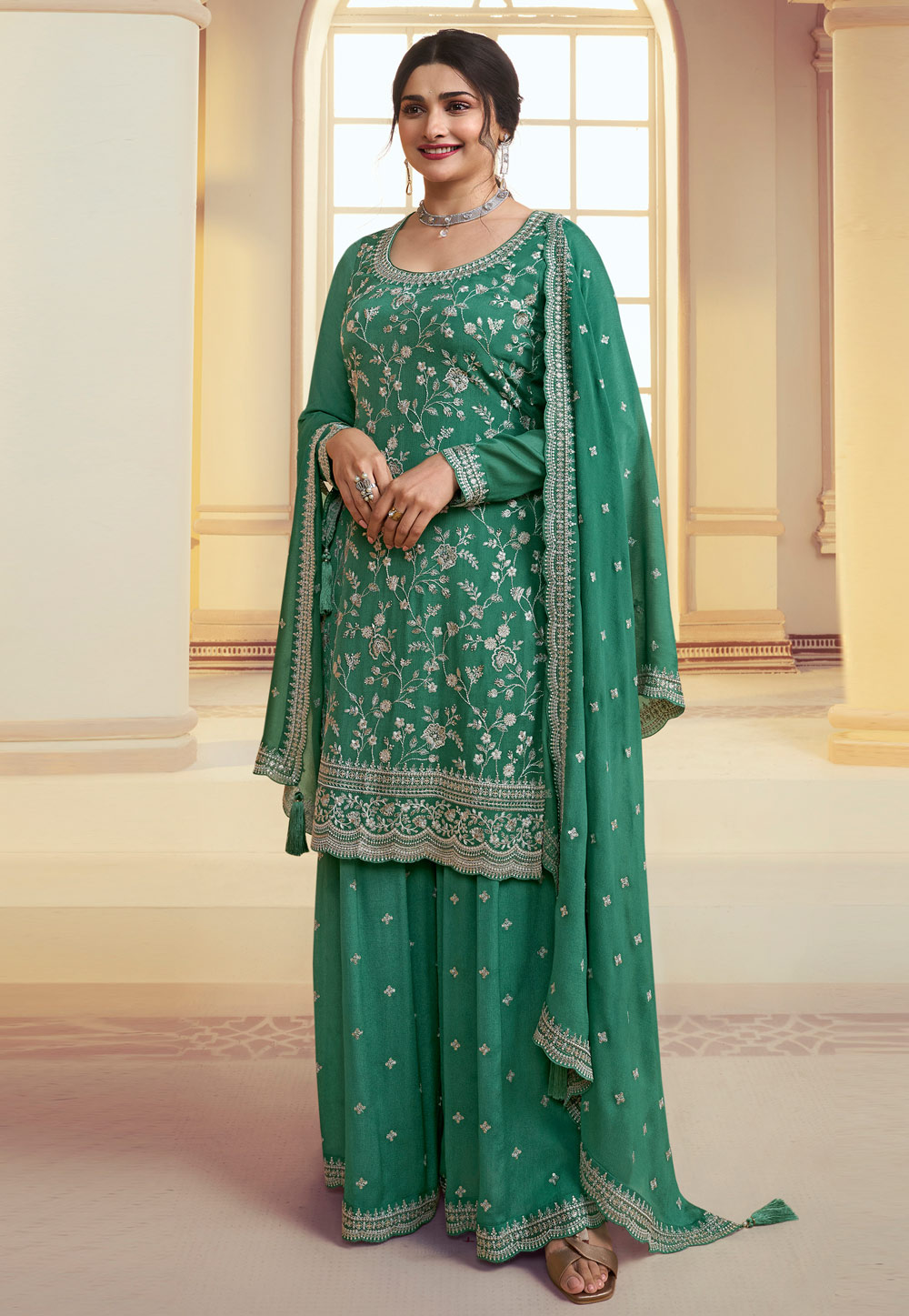 Prachi Desai Green Chinon Sharara Suit 282432