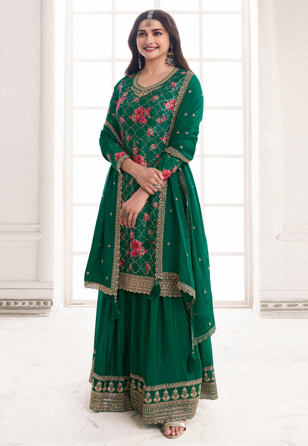 Prachi Desai Green Chinon Sharara Suit 286165