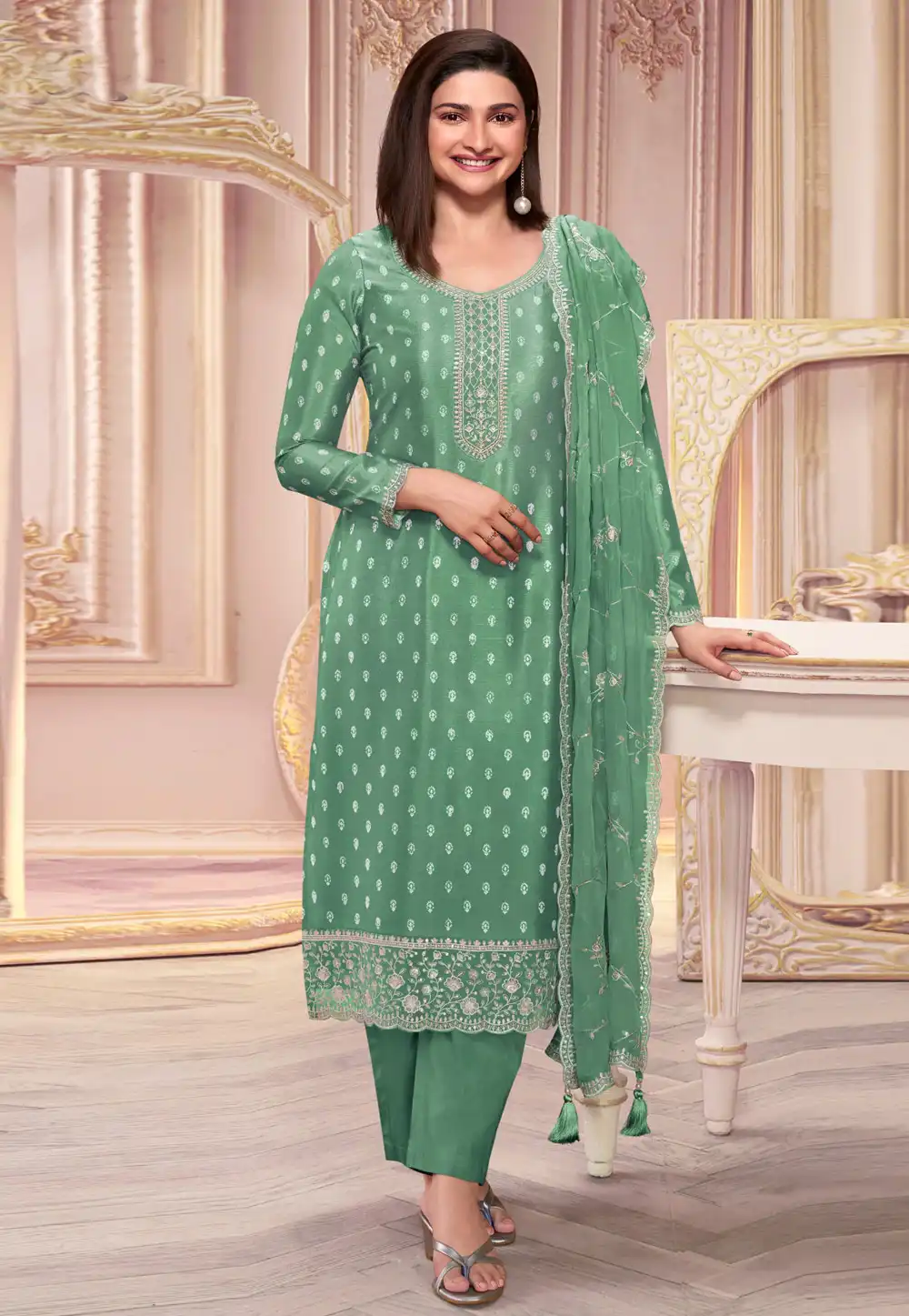 Prachi Desai Green Silk Georgette Pant Style Suit 291663