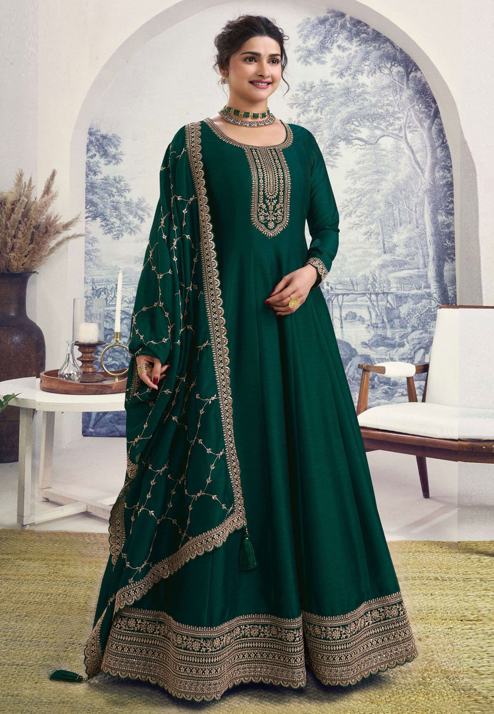 Prachi Desai Green Silk Long Anarkali Suit 286171