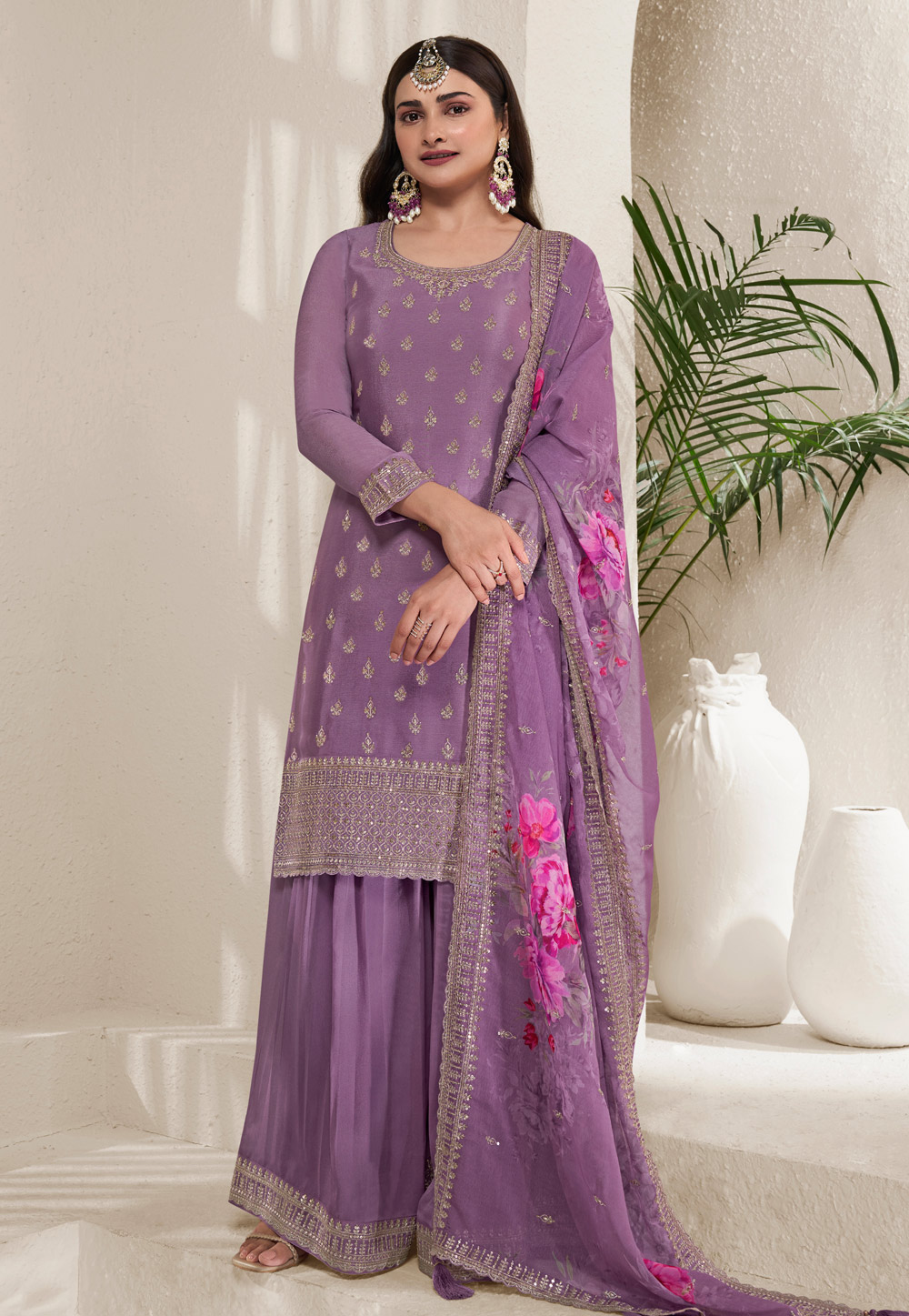 Prachi Desai Lavender Chinon Pakistani Suit 287471