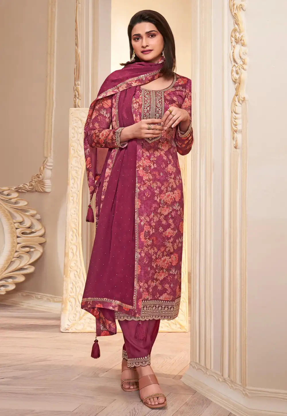 Prachi Desai Magenta Chinon Pakistani Suit 290316