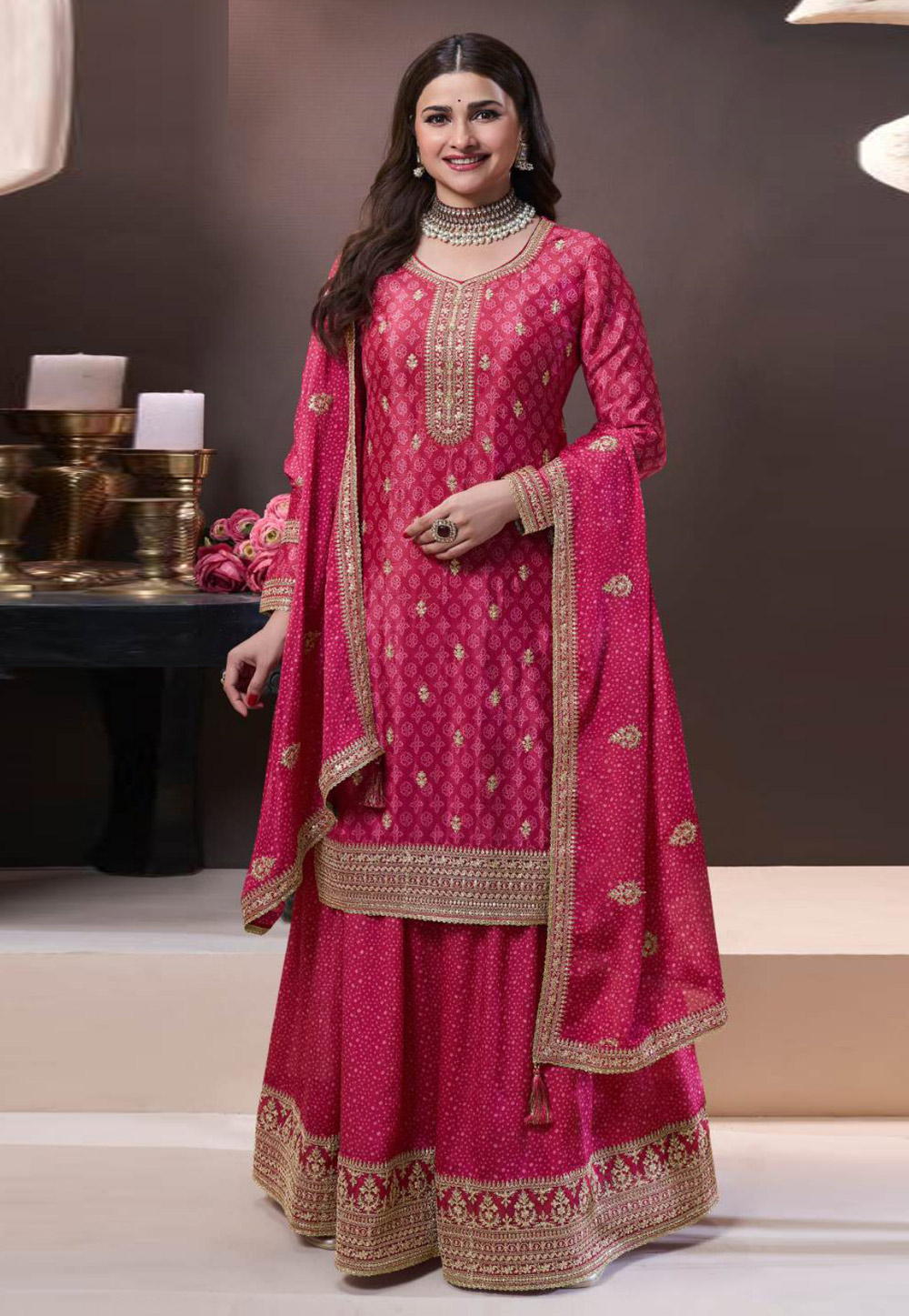 Prachi Desai Magenta Chinon Palazzo Suit 306294