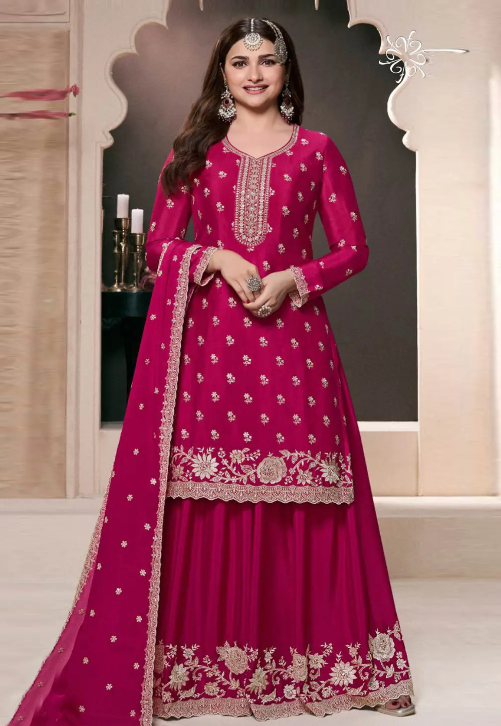 Prachi Desai Magenta Chinon Sharara Suit 303676