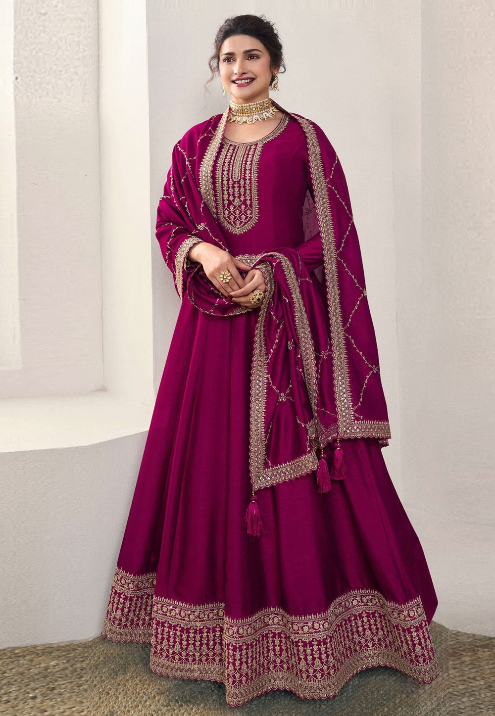 Prachi Desai Magenta Silk Anarkali Suit 286168