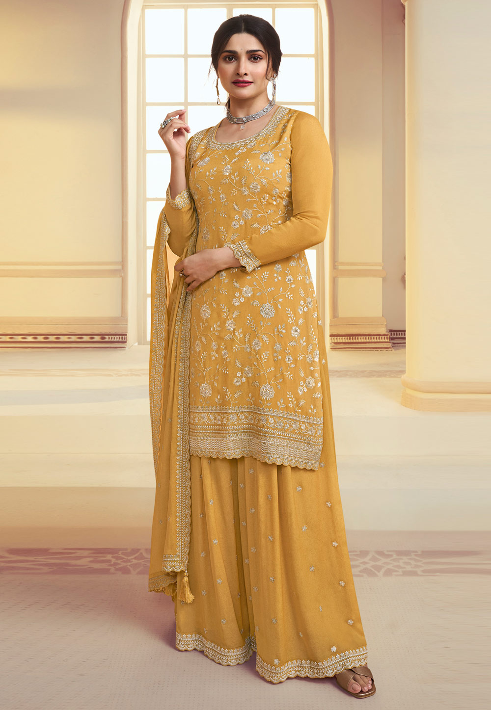 Prachi Desai Mustard Chinon Sharara Suit 282430