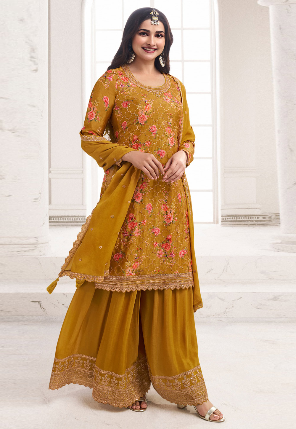 Prachi Desai Mustard Chinon Sharara Suit 286163