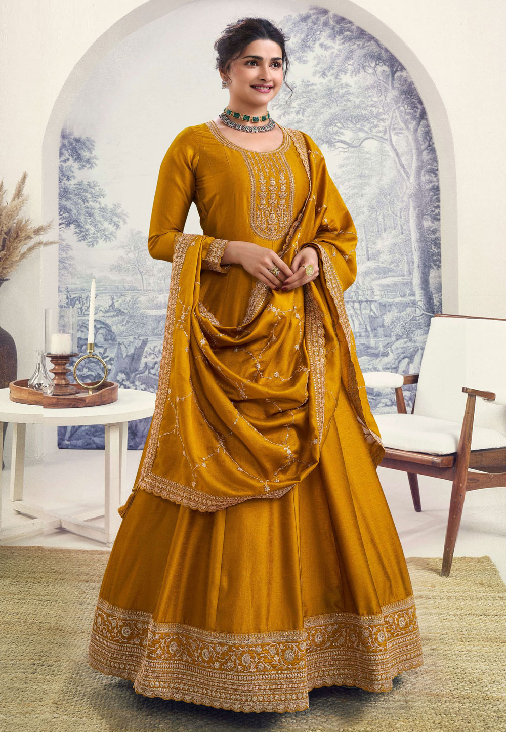 Prachi Desai Mustard Silk Anarkali Suit 286170