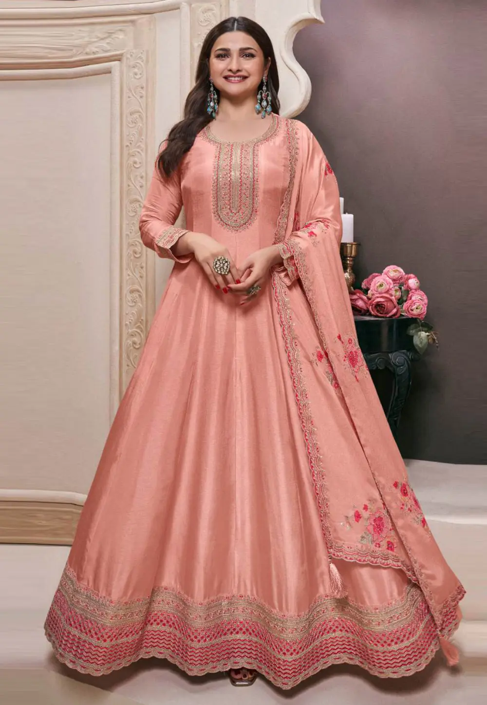 Prachi Desai Peach Silk Anarkali Suit 304635