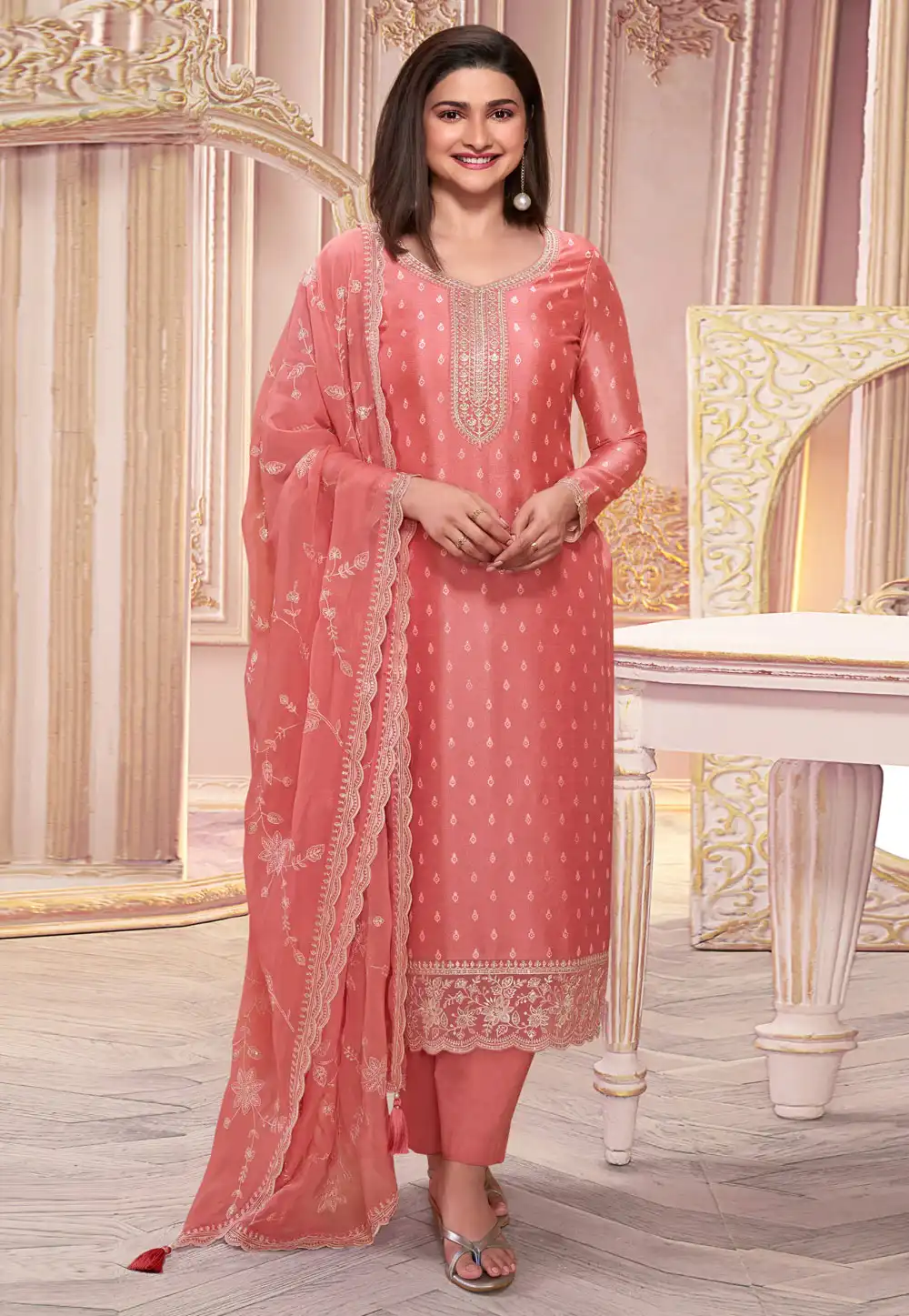 Prachi Desai Peach Silk Georgette Pakistani Suit 291664