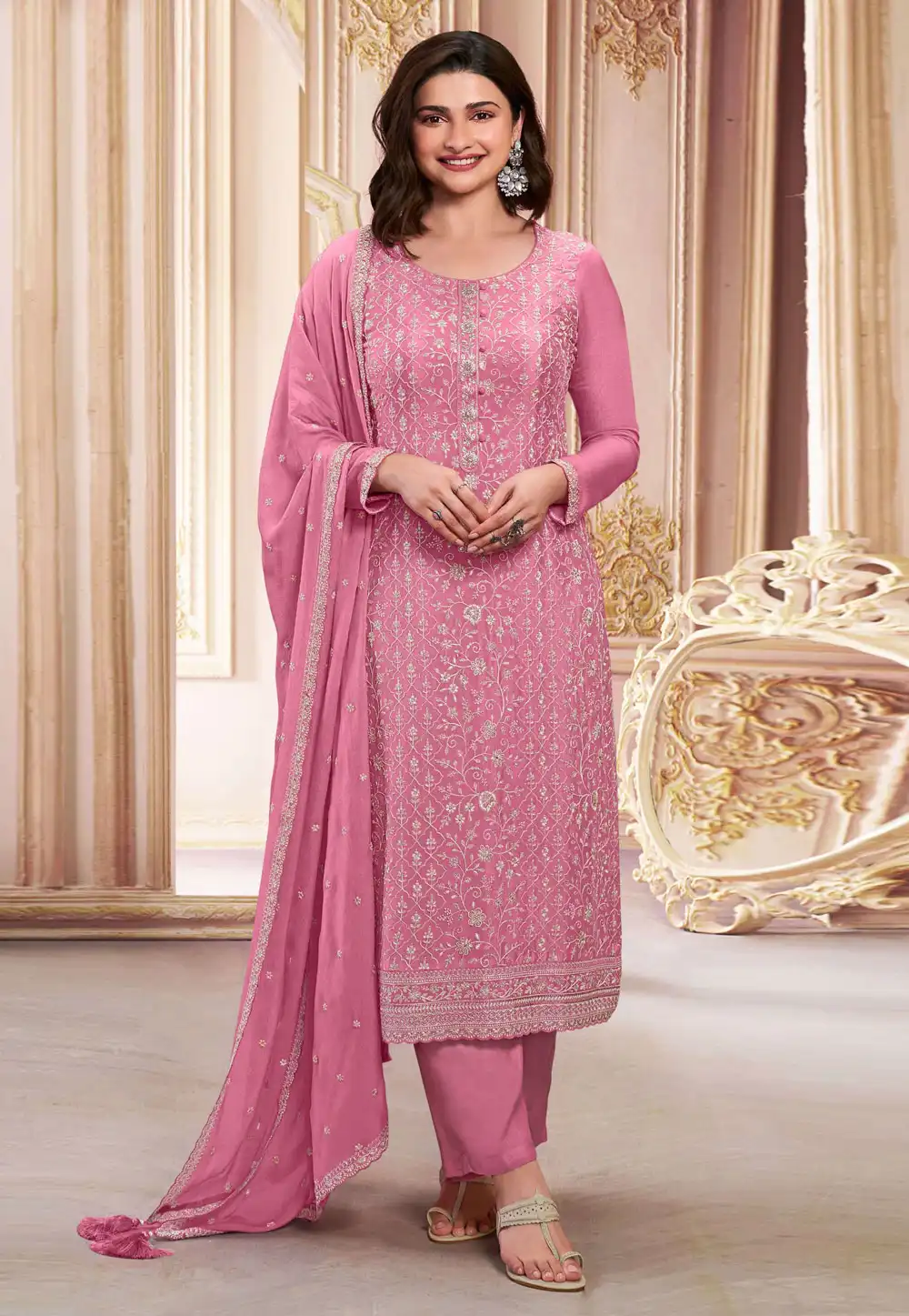 Prachi Desai Pink Chinon Embroidered Pakistani Suit 288632