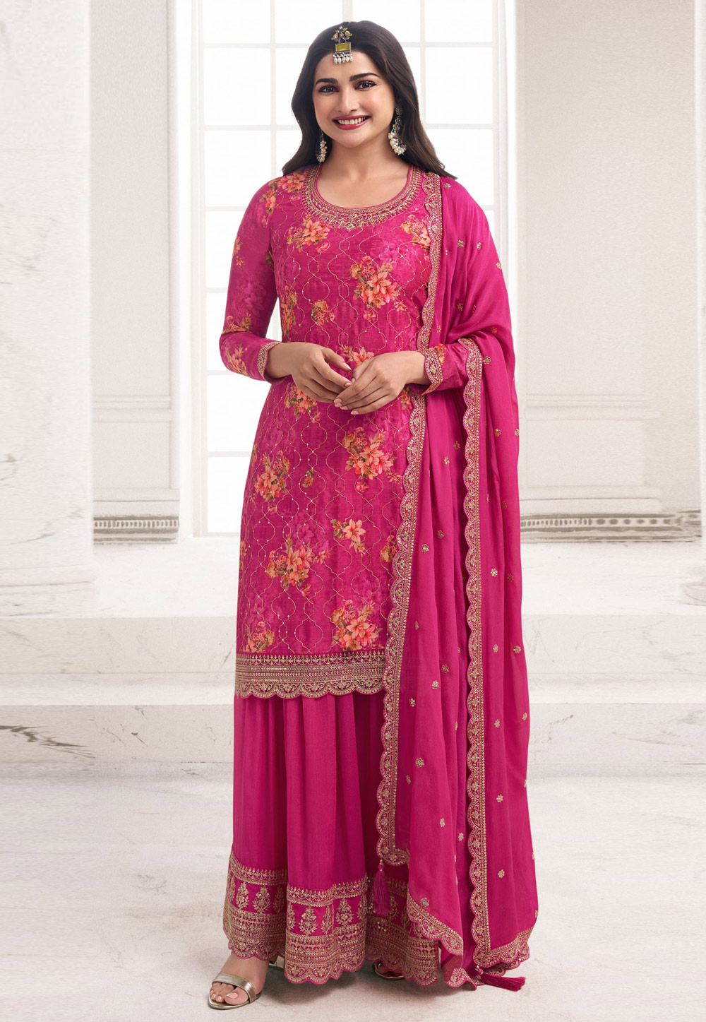 Prachi Desai Pink Chinon Gharara Suit 286162