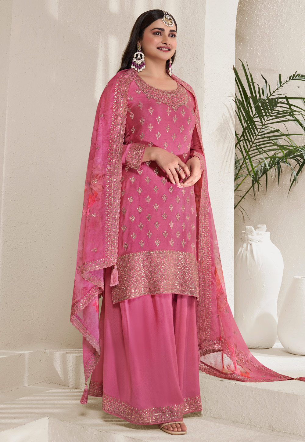 Prachi Desai Pink Chinon Palazzo Suit 287468