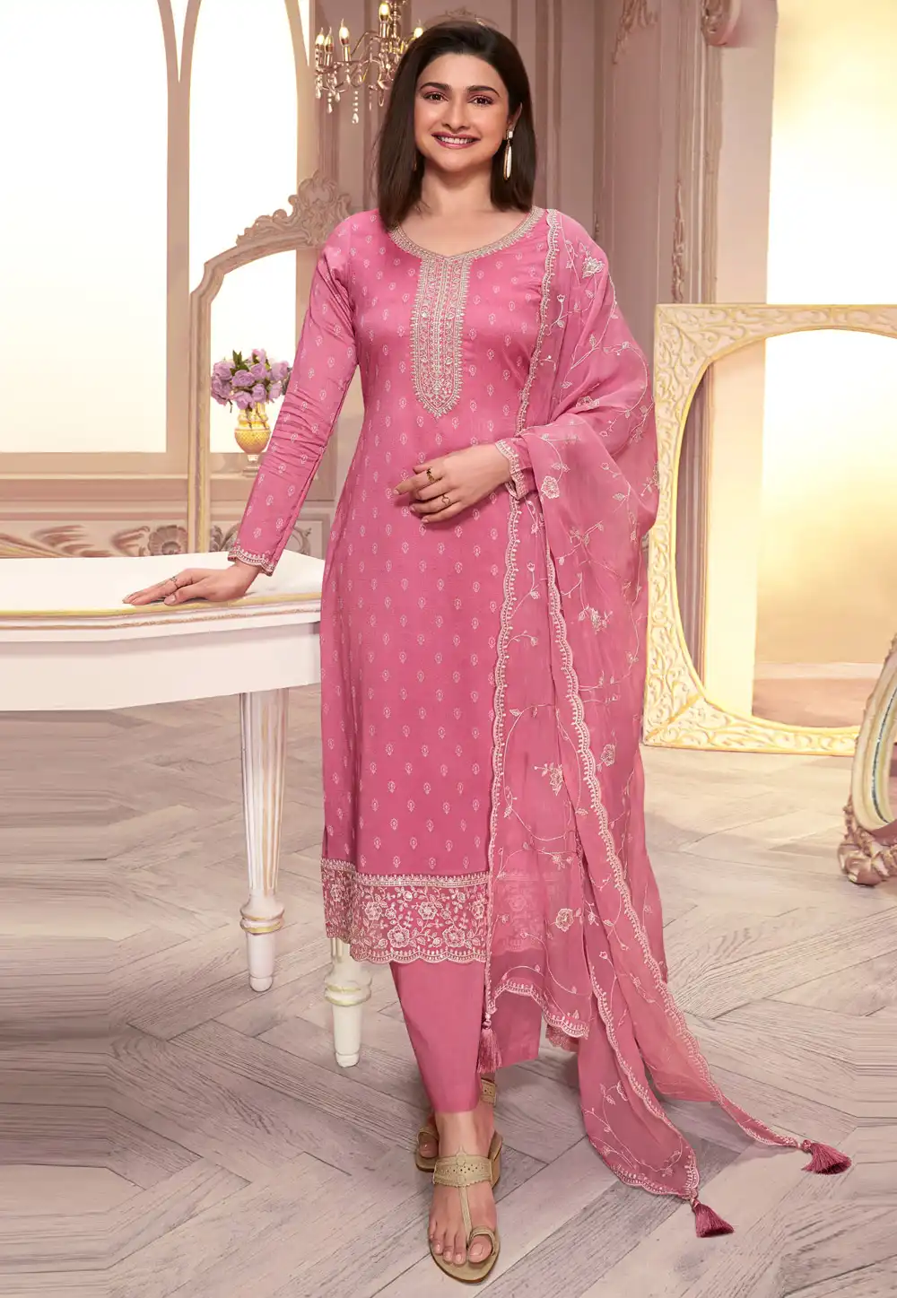 Prachi Desai Pink Silk Georgette Pant Style Suit 291660