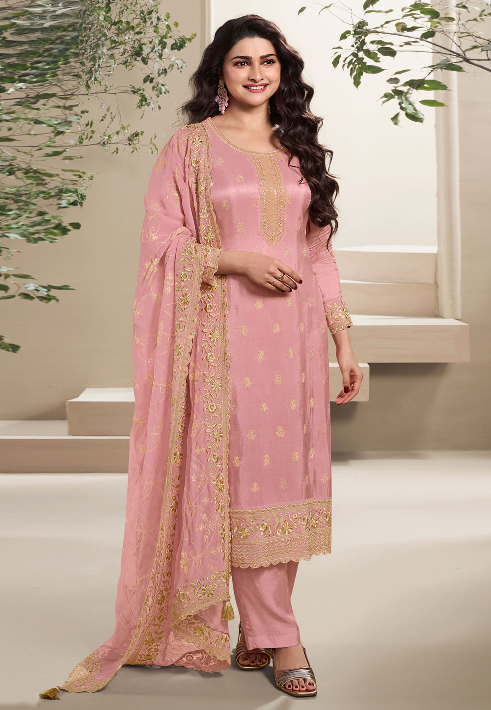 Prachi Desai Pink Silk Pakistani Suit 286627