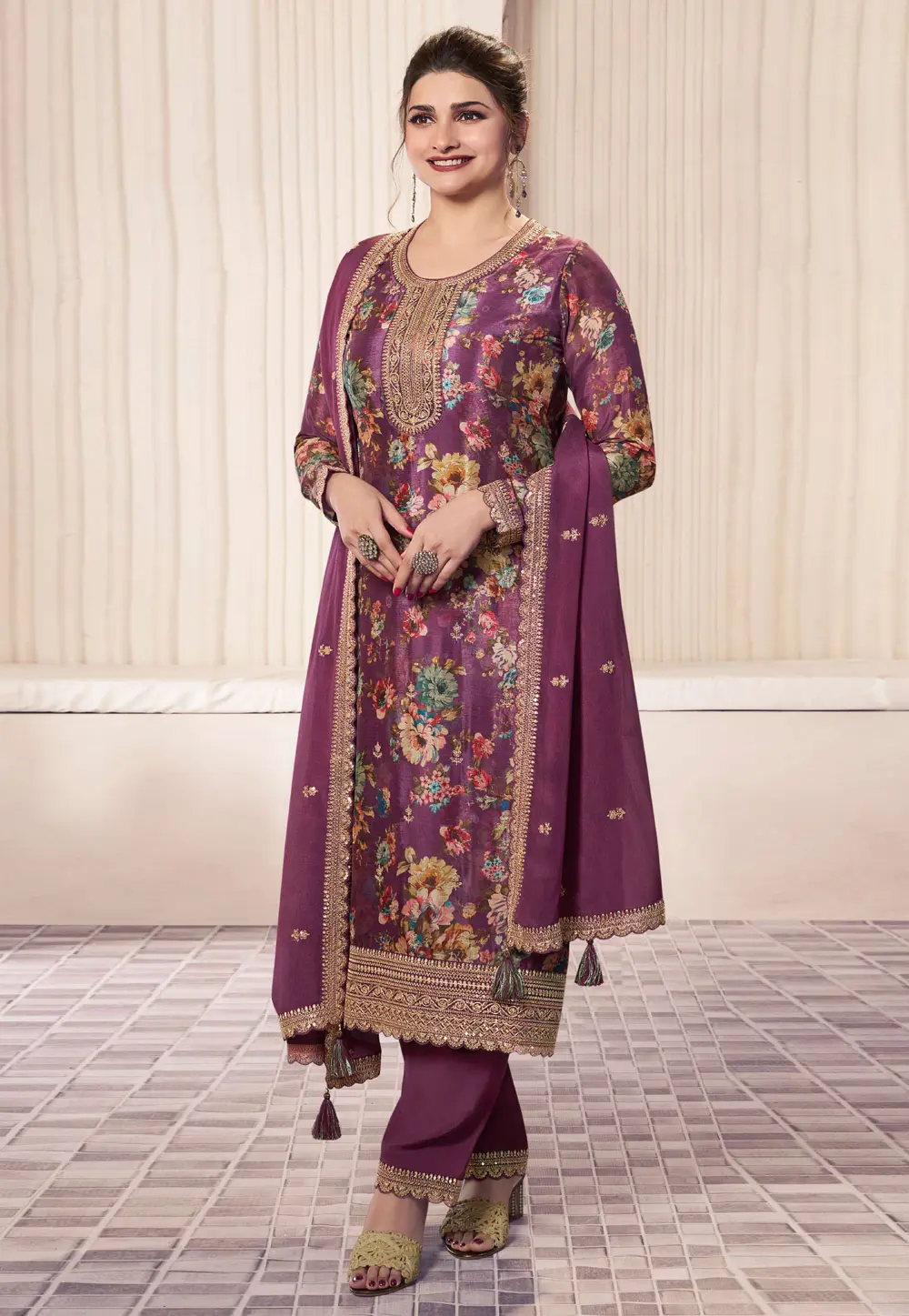 Prachi Desai Purple Chinon Straight Suit 301623