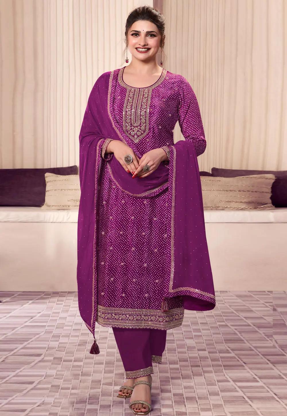 Prachi Desai Purple Chinon Straight Suit 304631