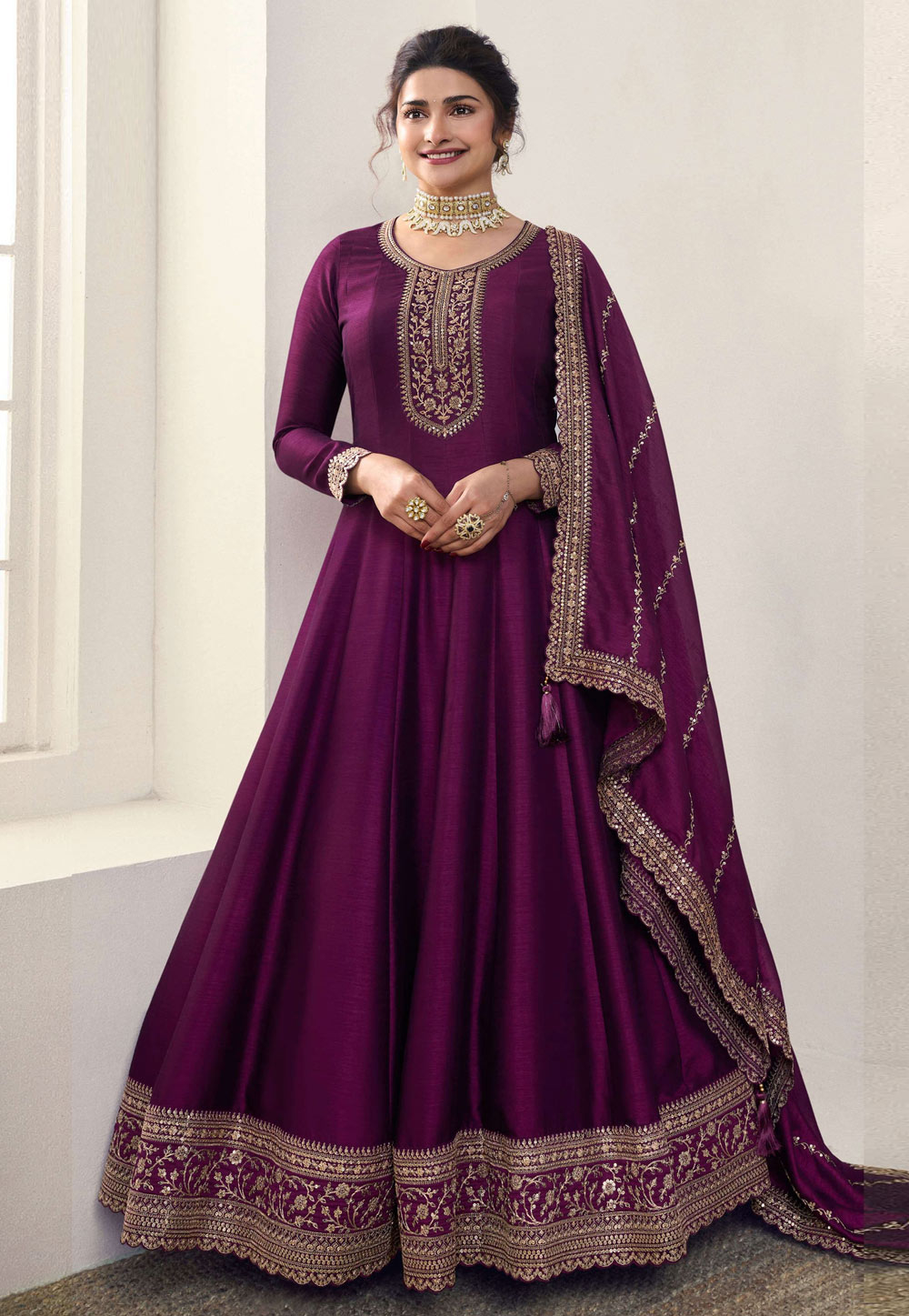 Prachi Desai Purple Silk Anarkali Suit 286172