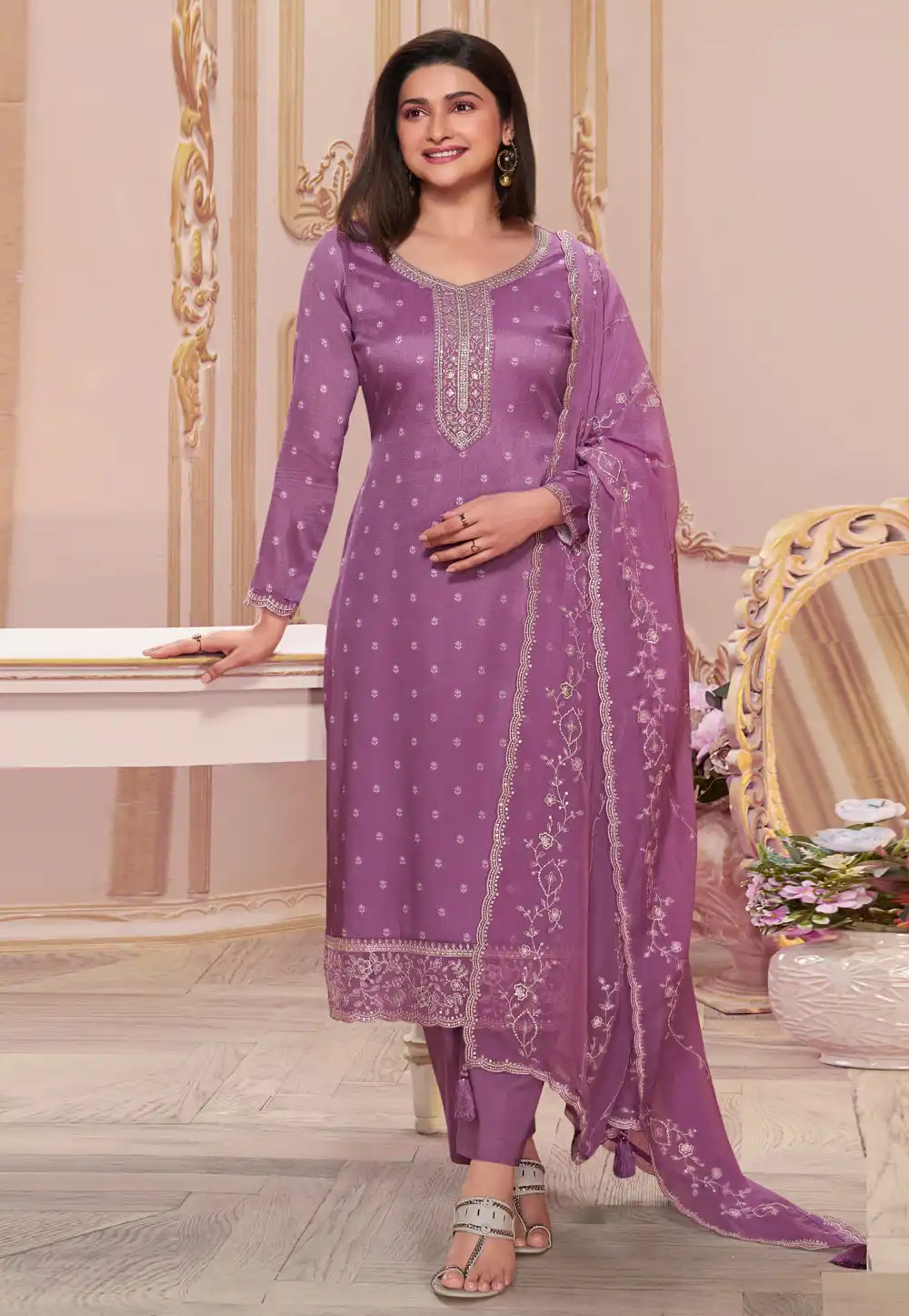 Prachi Desai Purple Silk Georgette Straight Suit 291662