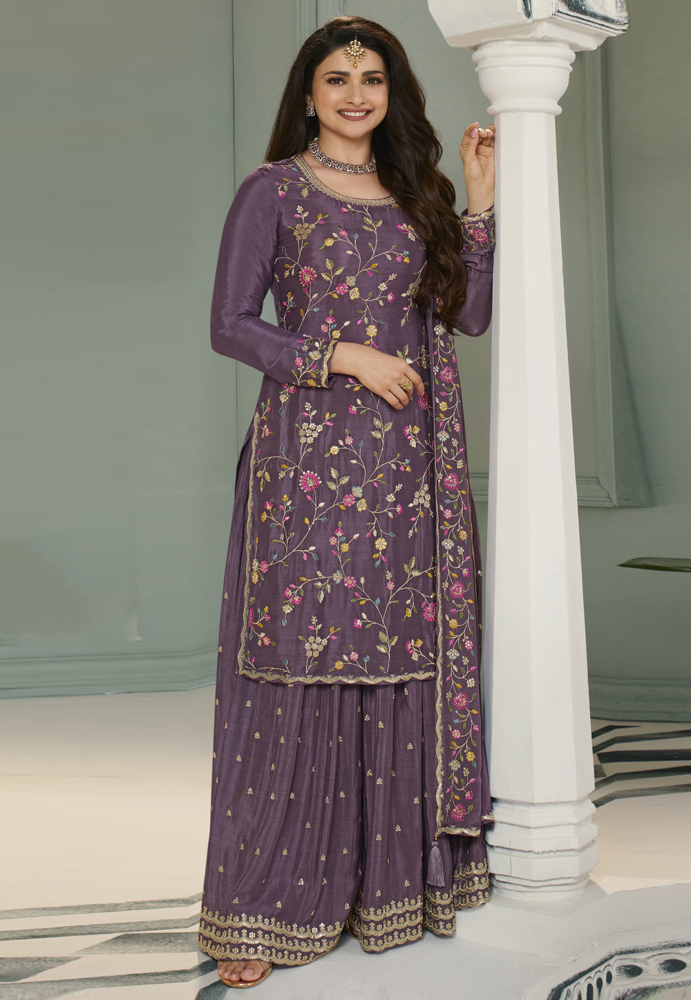 Prachi Desai Purple Viscose Sharara Suit 283666