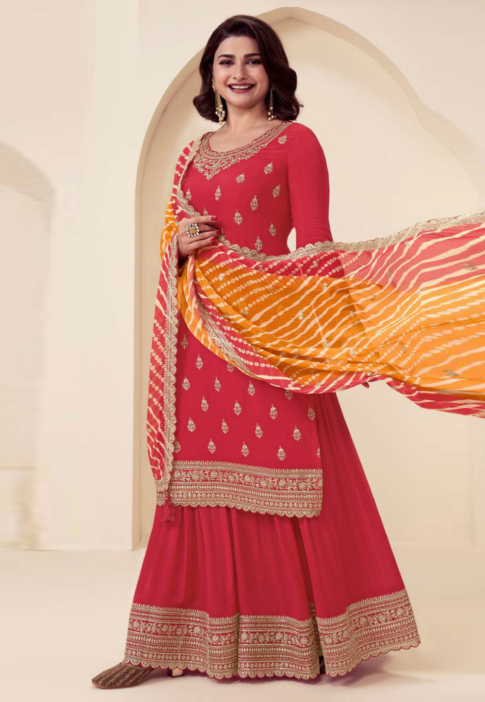 Prachi Desai Red Chinon Palazzo Suit 305331