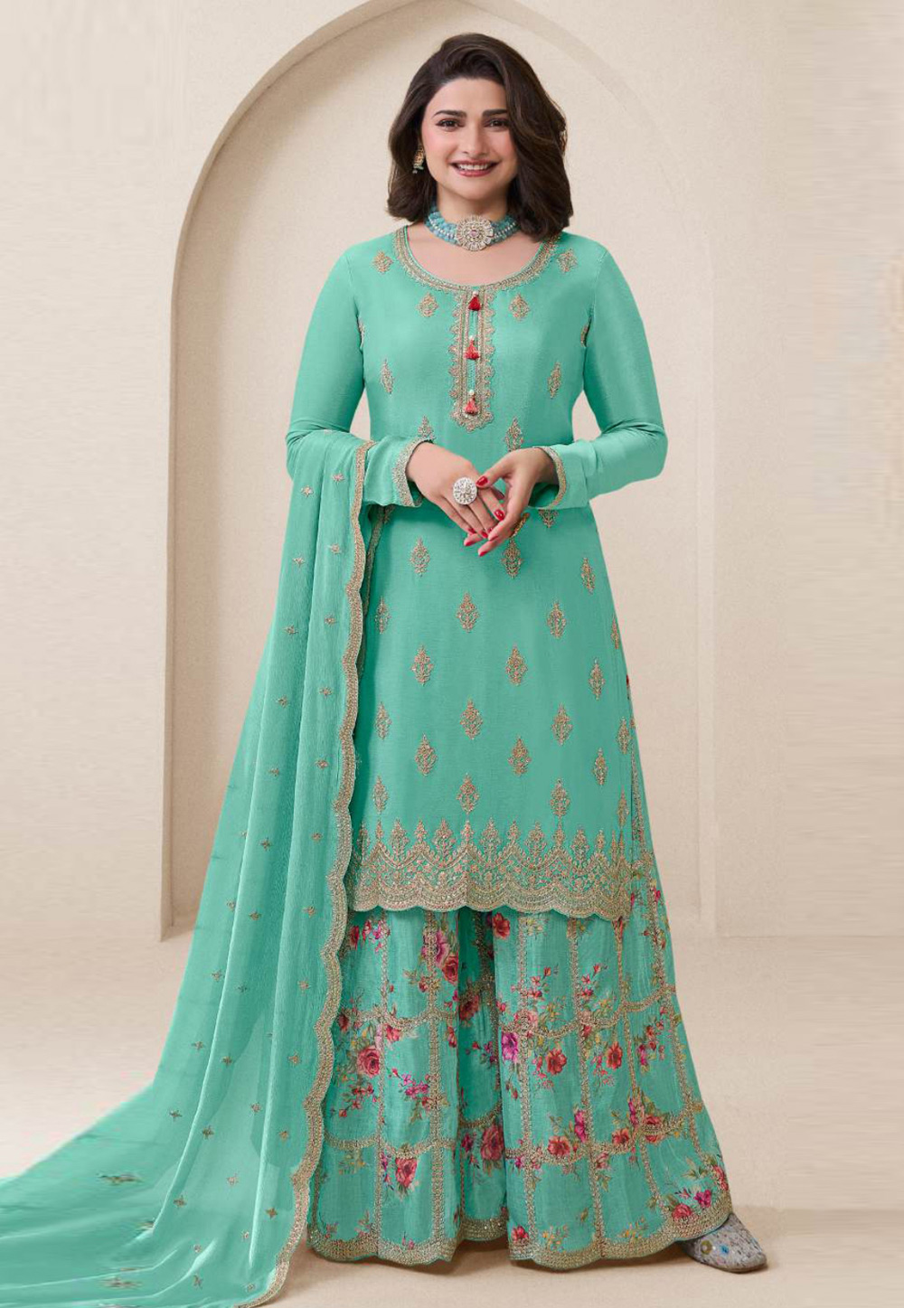 Prachi Desai Sea Green Chinon Palazzo Suit 306290