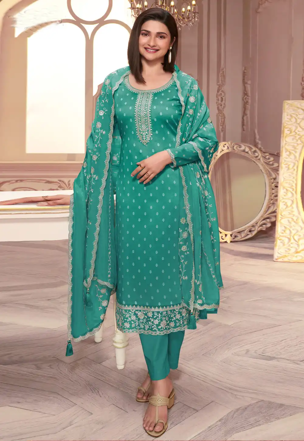 Prachi Desai Sea Green Silk Georgette Straight Suit 291665