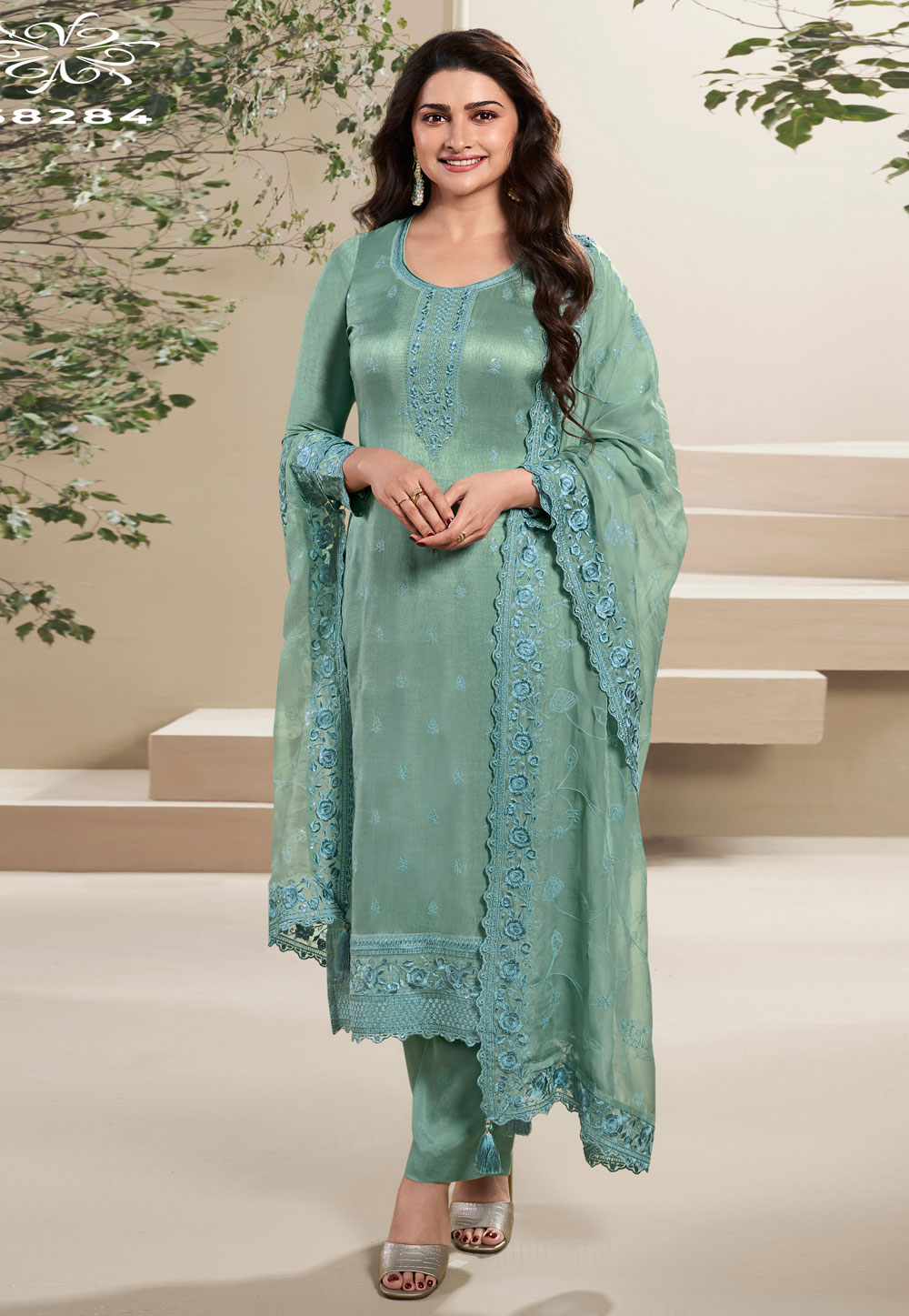 Prachi Desai Sea Green Silk Straight Suit 286629