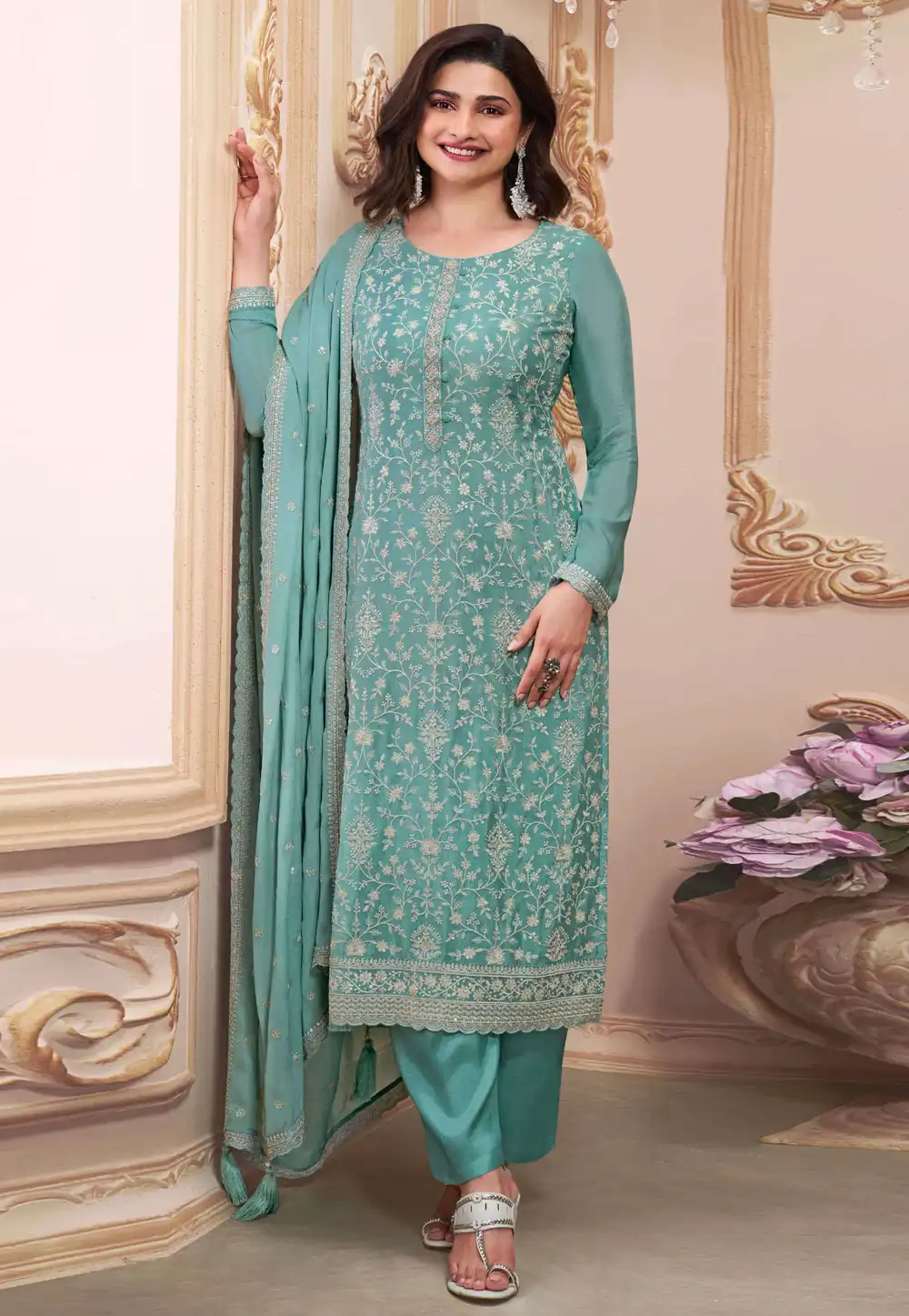 Prachi Desai Sky Blue Chinon Embroidered Pakistani Suit 288635