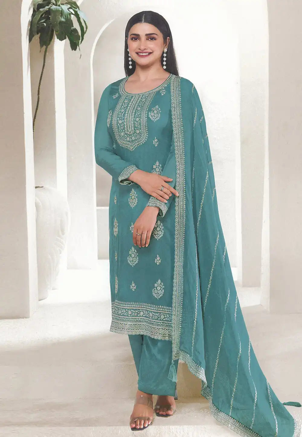 Prachi Desai Sky Blue Organza Straight Suit 288010