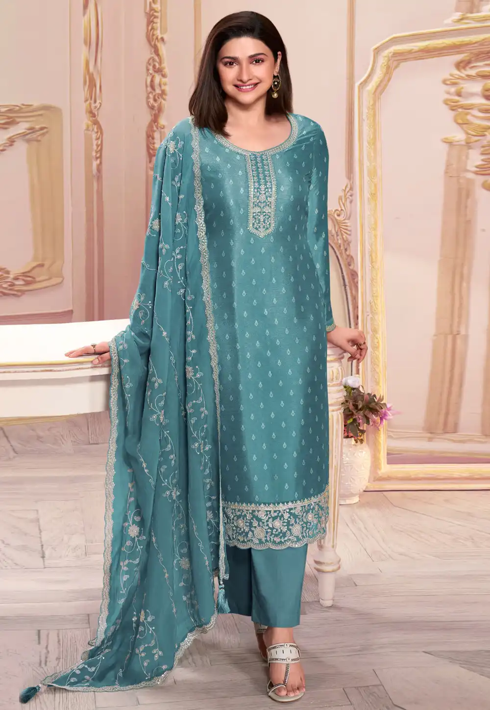 Prachi Desai Sky Blue Silk Georgette Pakistani Suit 291661