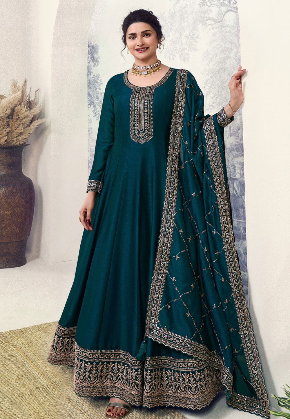 Prachi Desai Teal Silk Long Anarkali Suit 286167