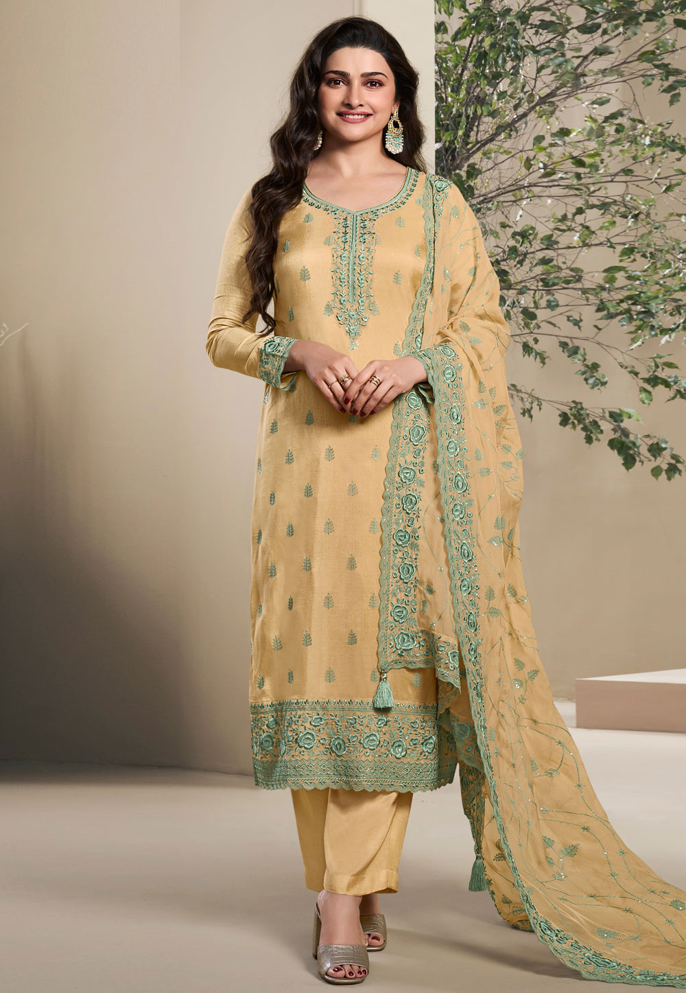 Prachi Desai Yellow Silk Pant Style Suit 286628