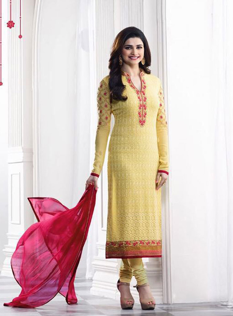 Prachi Desai Yellow Georgette Churidar Salwar Suit 90575