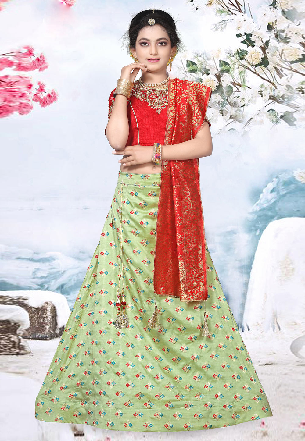 Pista Green Banarasi Silk Kids A Line Lehenga Choli 169275