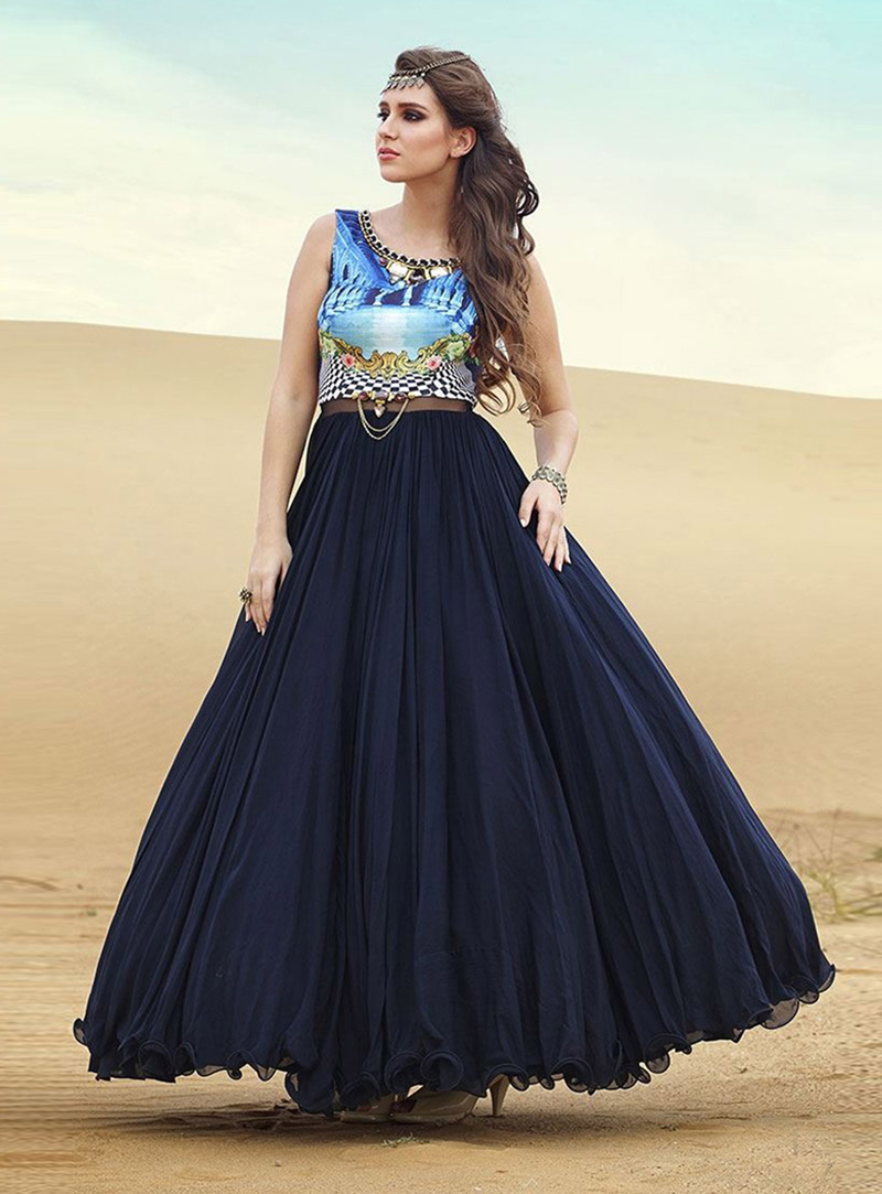 Navy Blue Silk Readymade Designer Gown 77585