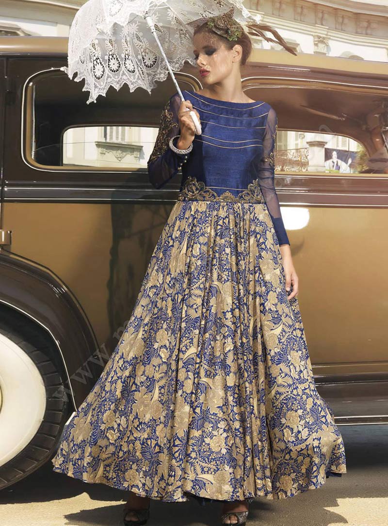 Blue Satin Readymade Party Wear Gown 77594