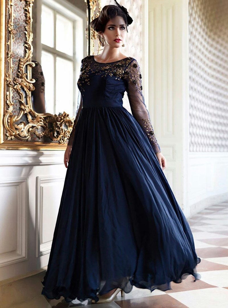 Navy Blue Silk Readymade Party Wear Gown 77597