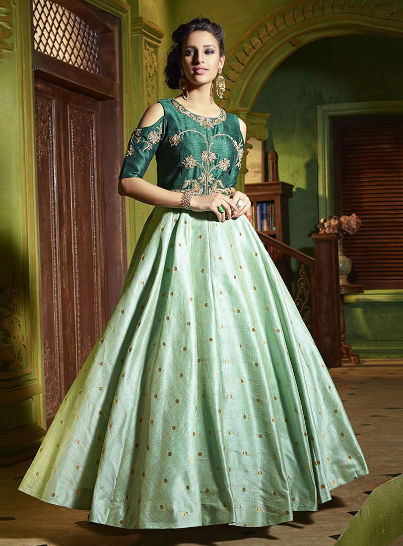 Light Green Silk Readymade Anarkali Suit 139875