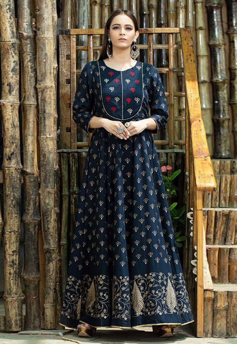 Navy Blue Muslin Readymade Printed Gown 167552