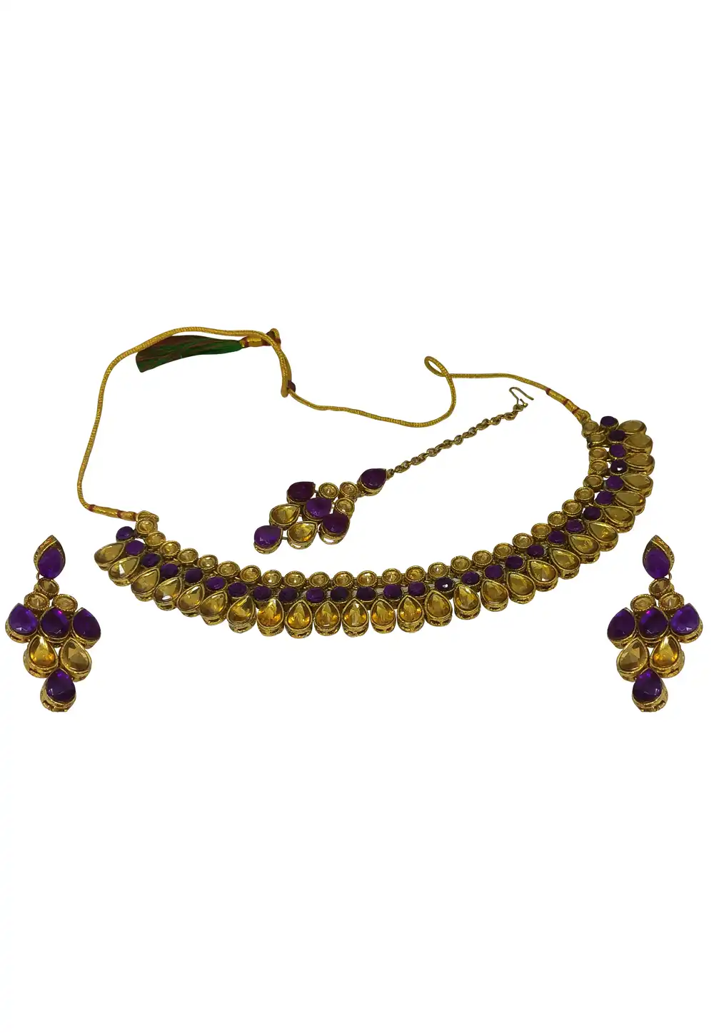 Purple Alloy Austrian Diamonds and Kundan Necklace Set With Earrings and Maang Tikka 289900